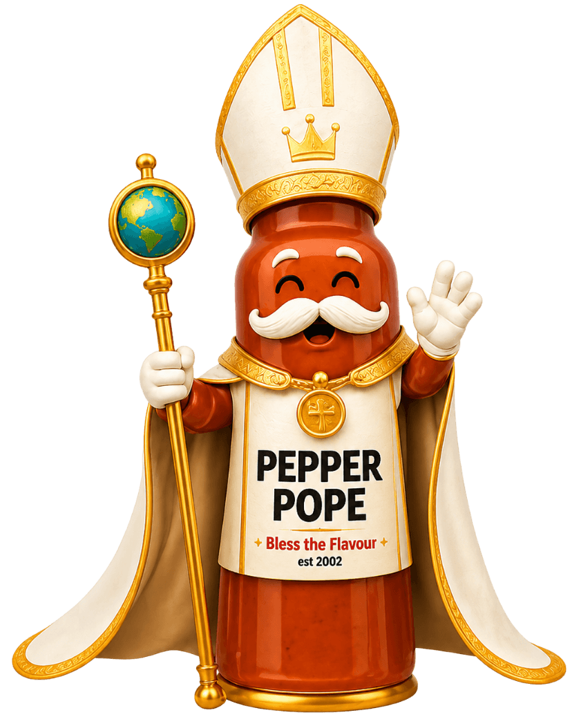 The Pepper Pope — a smiling hot sauce bottle in papal robes.