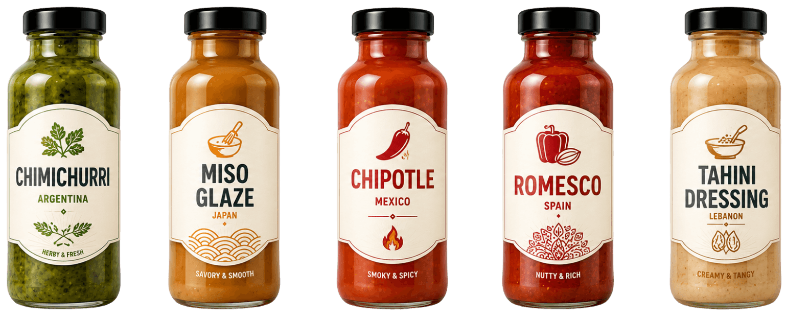 The rotating craft sauce lineup: Chimichurri, Miso Glaze, Chipotle, Romesco, and Tahini.