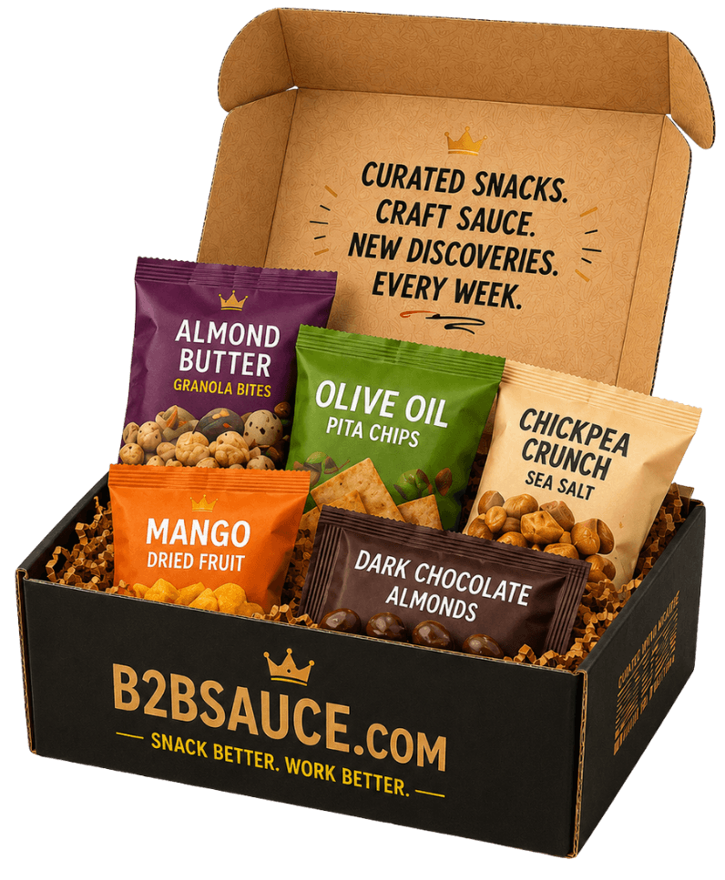 An open B2BSauce snack box packed with curated snacks.